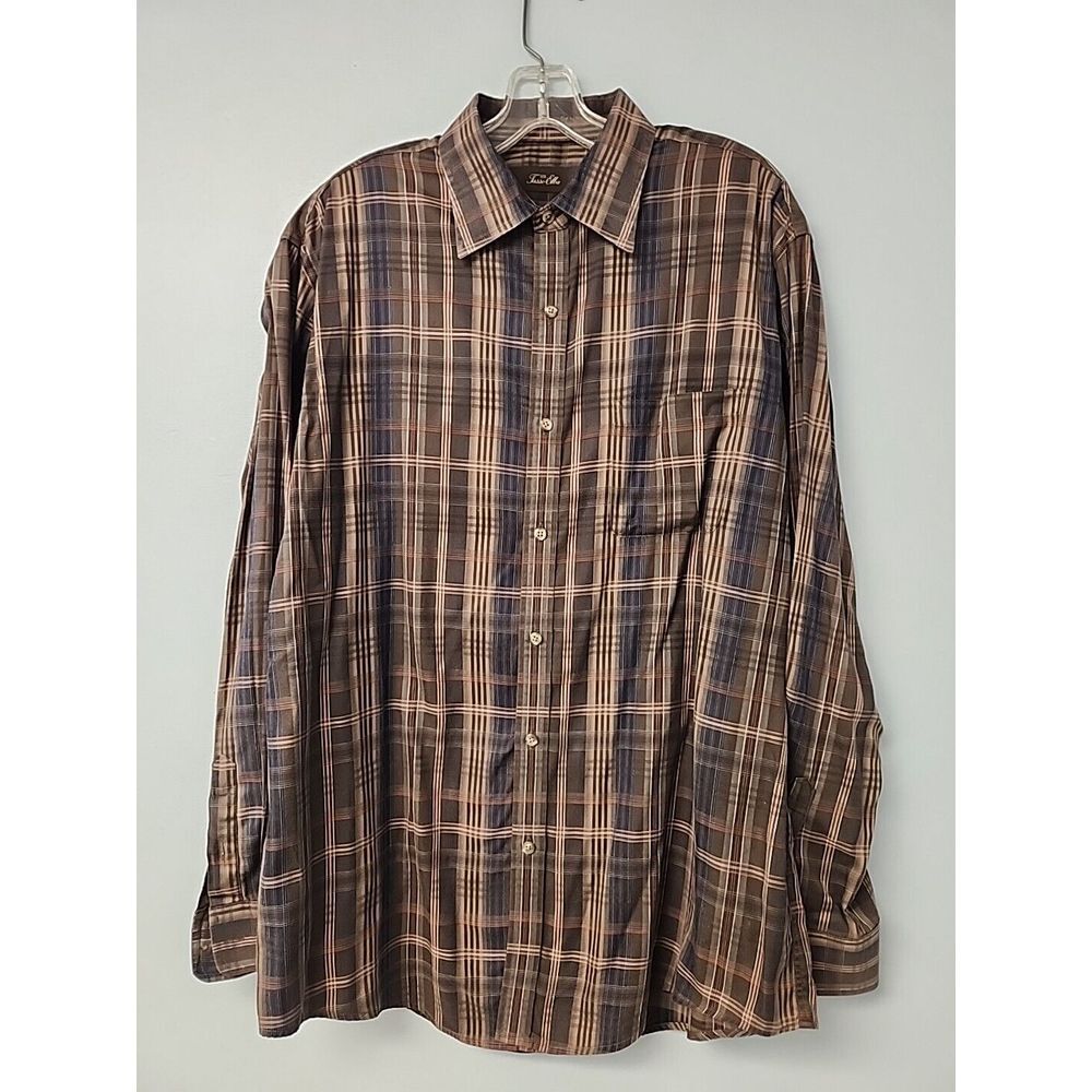 Taso Elba Mens L button down Dress casual shirt Blue Brown‎ plaid  mint